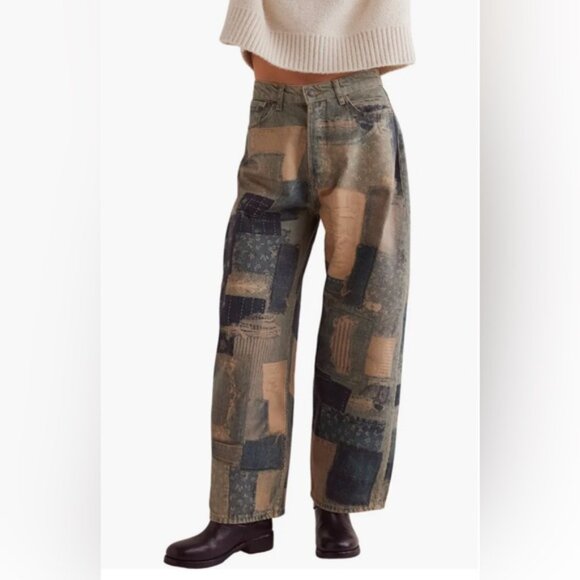 NWT Free People We The Free Illusions Patchwork Barrel Leg Jeans sz 30 - Picture 8 of 11